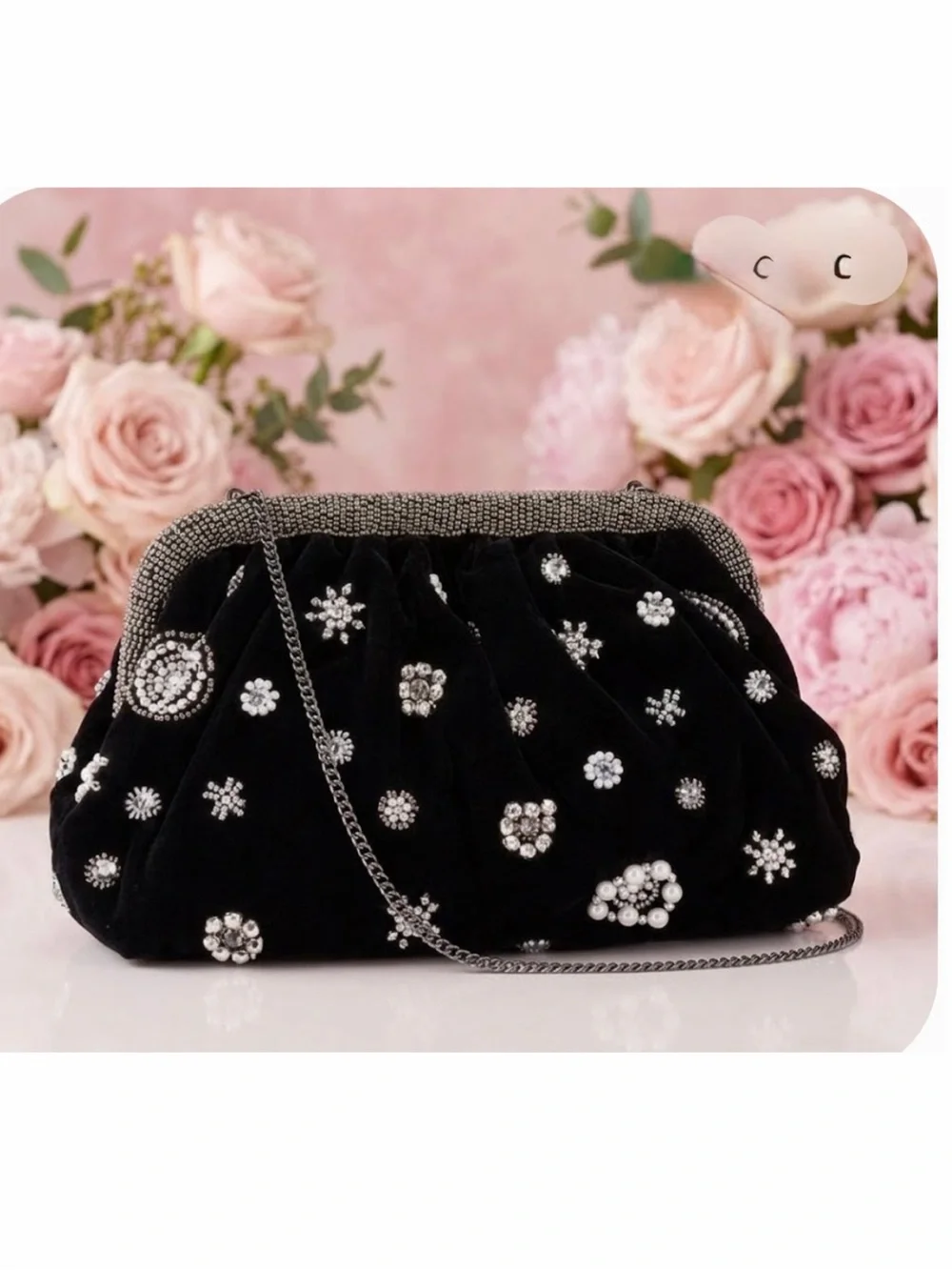 NEW Studded Embellished  crafted black plush Velvet Clutch Beaded  Faux Pearl